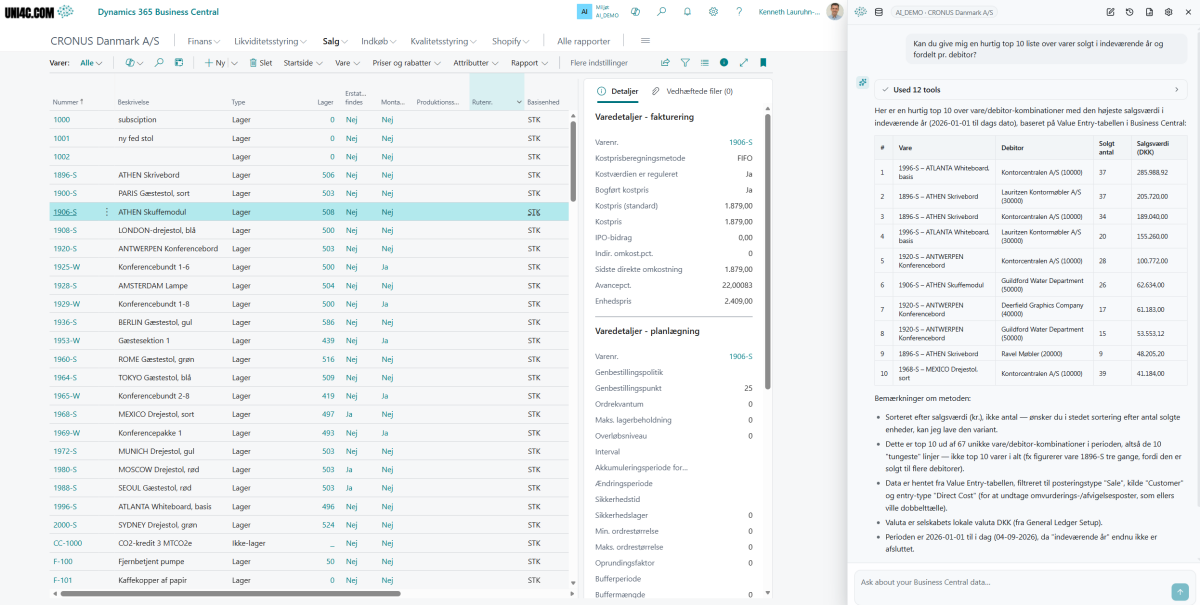 Screenshot af UNI4C AI Chat i Business Central